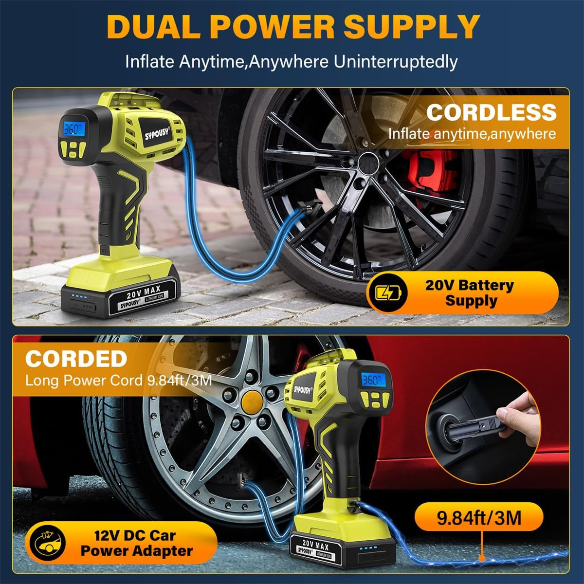 Tire Inflator Portable Air Compressor,Digital Cordless Tire Inflator,2X Faster Car Tire Pump with 20V Rechargeable Battery,Dual Power Supply Modes,Air Pump for Car Tires,E-Bike Etc.